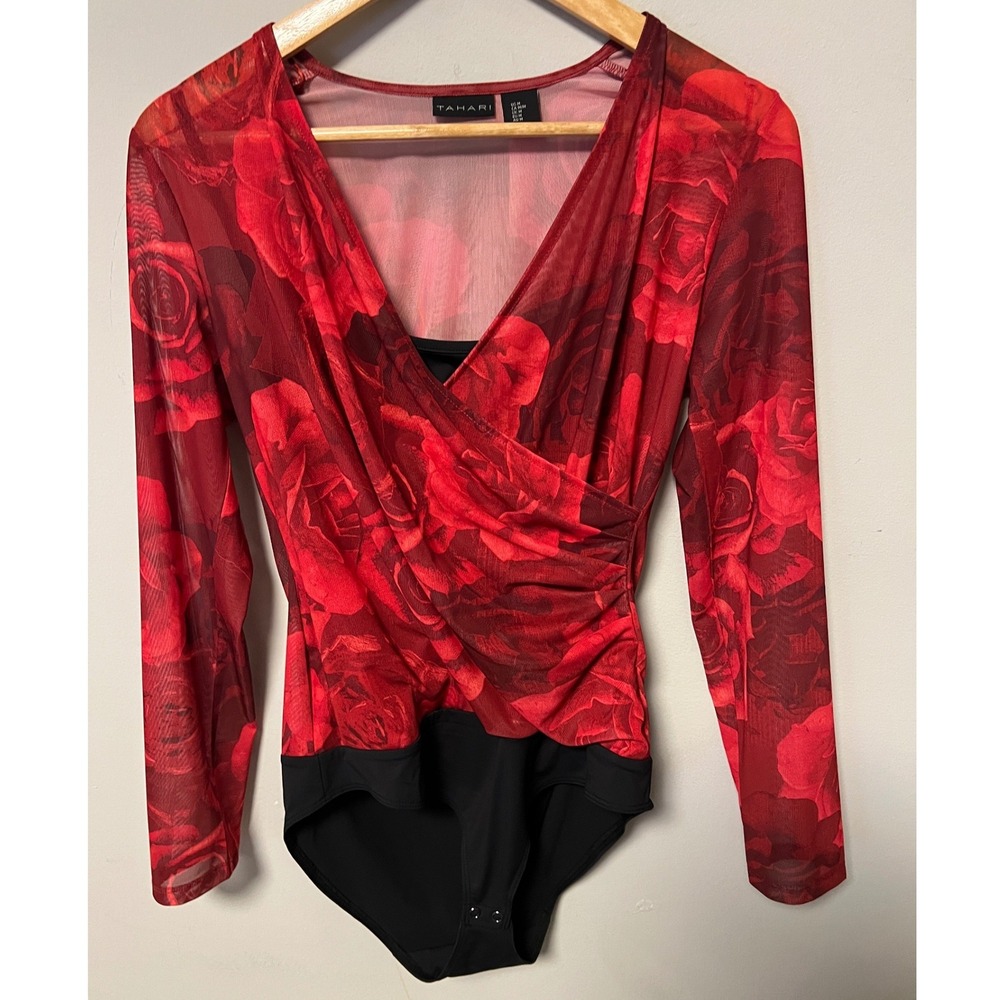 Tahari Bodysuit Women M Red New Without Tags Floral Mesh Wrap Long Sleeve